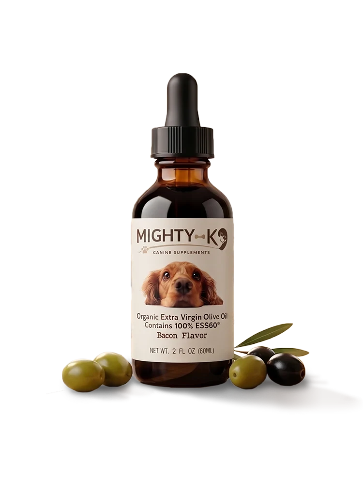 Mighty K9 ESS60 organic olive oil bottle for dogs with green and black olives