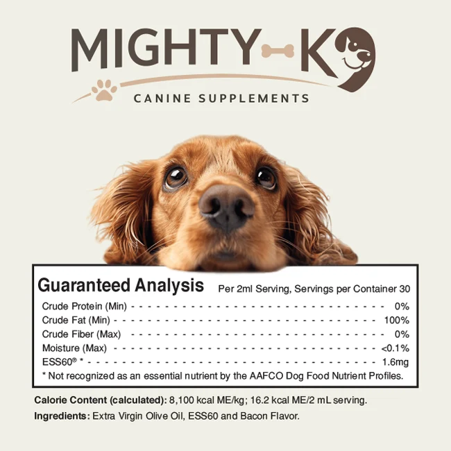 Mighty K9 guaranteed analysis: crude fat 100%, ESS60 1.6 mg per 2 mL serving, 30 servings per container